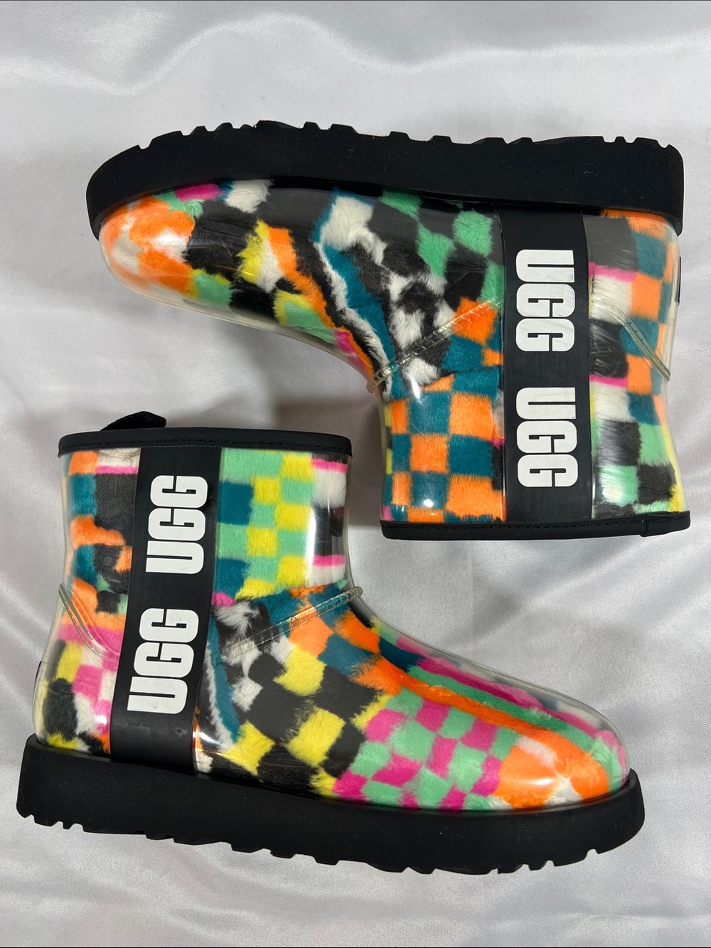 UGG Classic Clear Mini Checks Boots multi color neon black white size 6